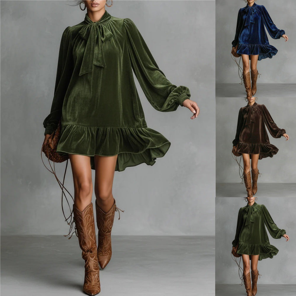 Robe courte femme à nœud papillon et manches bouffantes – élégante et asymétrique à volants