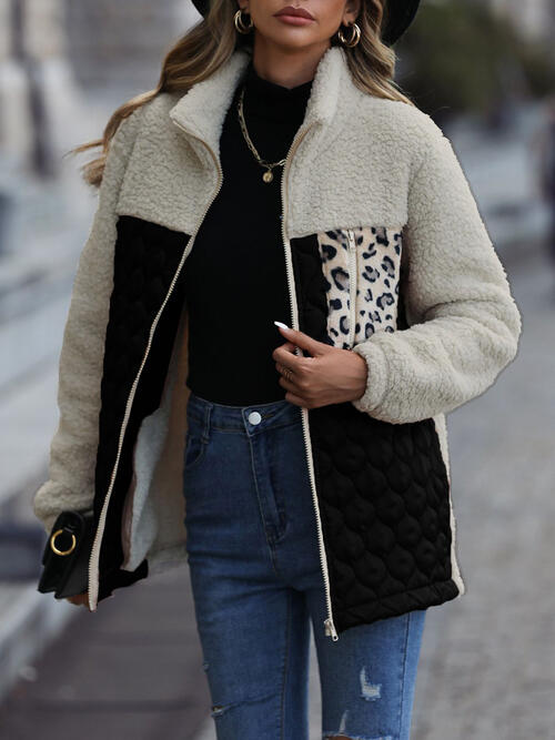 Veste zippée unique à imprimé léopard et blocs de couleur pour l'automne, Veste légère tendance avec poches, Charmante veste d'hiver