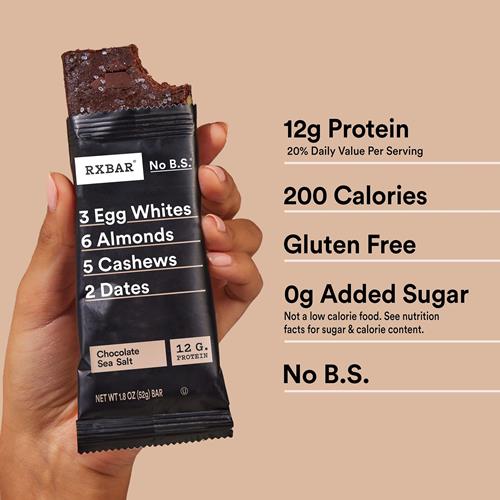 Barres protéinées Rxbar, collation protéinée, barres collation, chocolat et sel marin, boîte de 624g (12 barres)