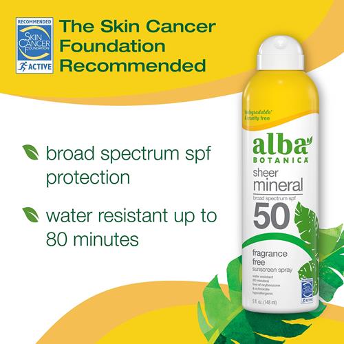 Alba Botanica Écran Solaire Minéral Transparent en Spray, FPS 50, Sans Parfum à Large Spectre, Résistant à l'Eau et Biodégradable, Flacon de 147 ml