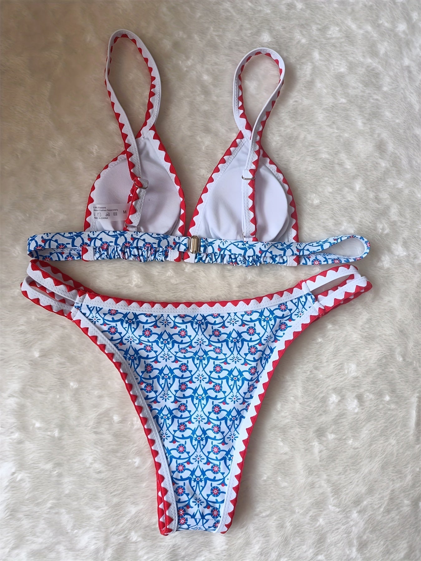 Nouvel Ensemble Bikini Taille Haute Blossom Charm pour l'été – Maillot de Bain Bustier à Imprimé Floral avec Élégant Haut Triangulaire Brodé et Découpé, Bords Contrastants et Boucle au Dos – Vêtements de Plage 2 Pièces pour Femme
