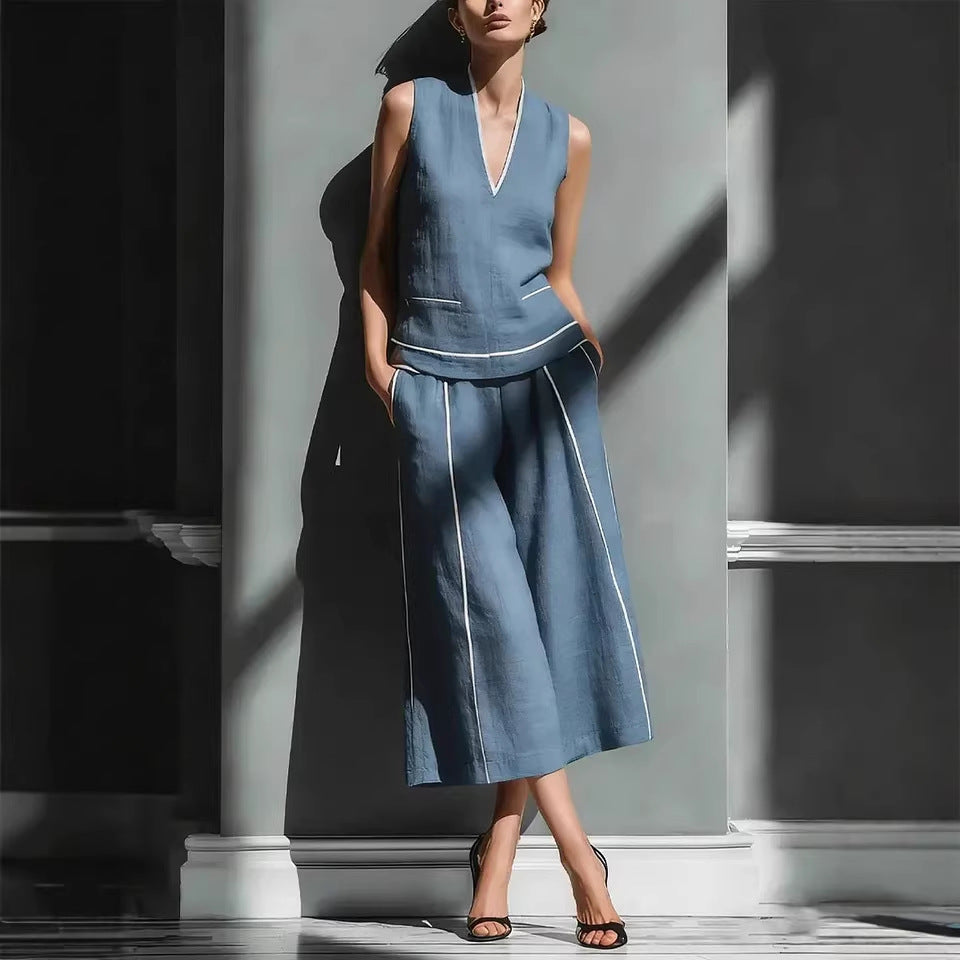 Ensemble chemise sans manches en lin et pantalon court pour femme – Tenue décontractée 2 pièces
