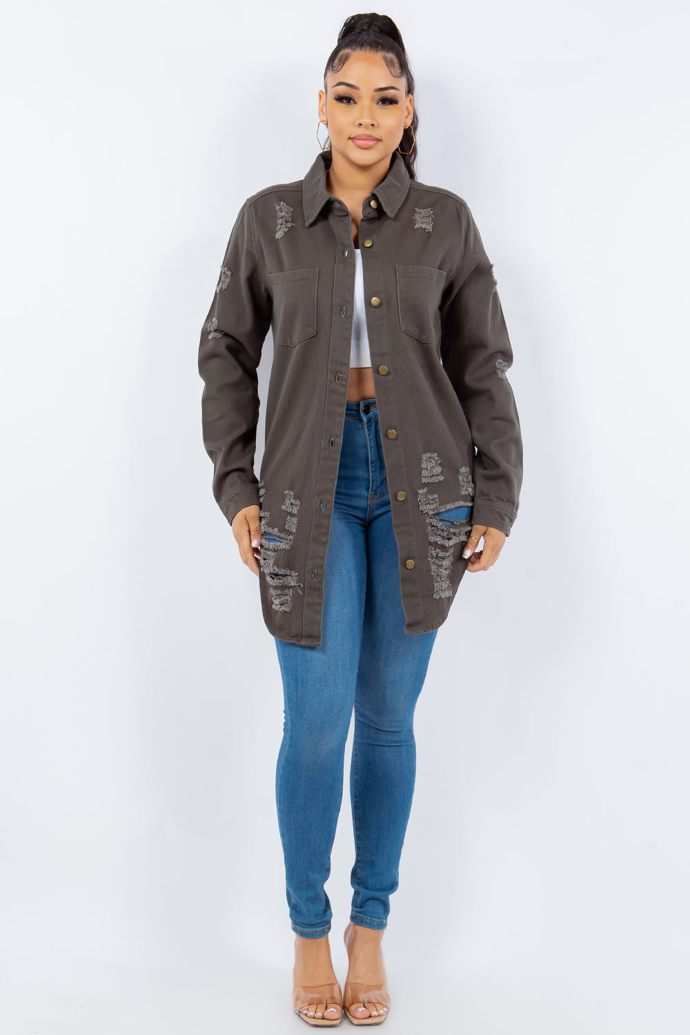Veste chemise boutonnée à manches longues American Bazi, coupe tendance et effet vieilli pour femme