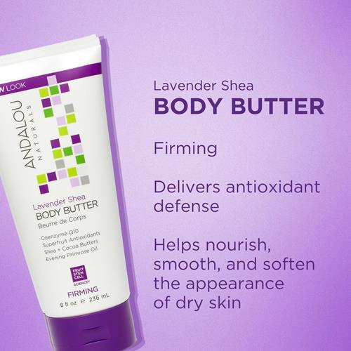 Andalou Naturals Beurre corporel, Crème raffermissante Lavande, 240 ml, Beurre de karité, Beurre de cacao et Huile d'onagre, Hydratant corporel pour peaux sèches, Végane