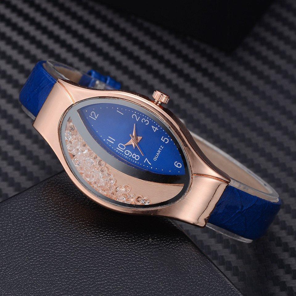 Montre de luxe Ellipse en PU à bracelet en cuir pour femmes, montre-bracelet à quartz sport en strass pour femmes et jeunes filles