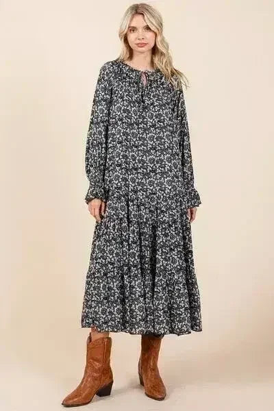 Robe midi à imprimé, col lavallière et manches volantées Mittoshop