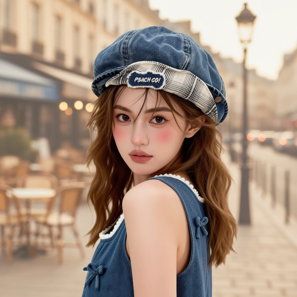 Béret en jean à double bord relevé – Chapeau en coton respirant pour femme