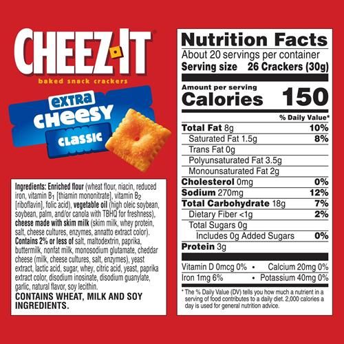 Cheez-It Craquelins au fromage, Craquelins de collation cuits au four, Collations pour le déjeuner, Format familial, Extra Fromagé, Boîte de 600 g (1 boîte)
