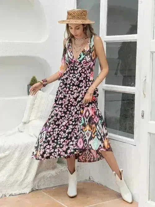 Robe Midi Imprimée Plongée | Sans Manches Taille Nouée | Polyester