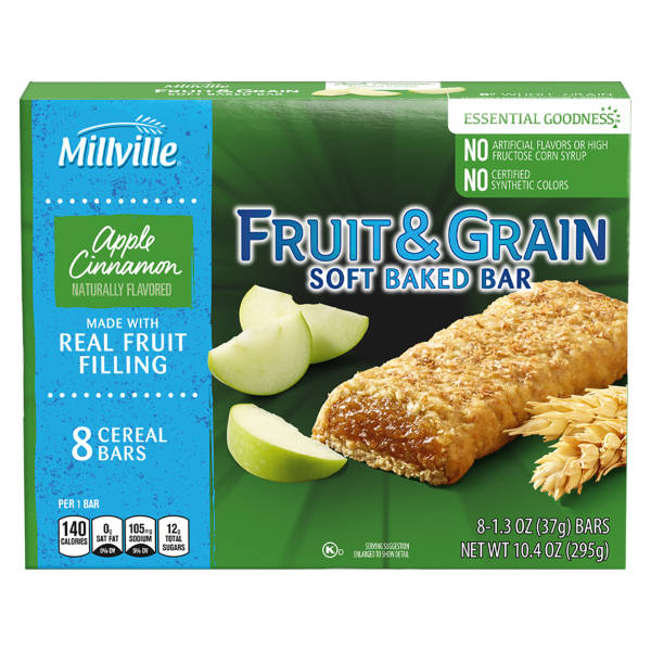 Barres de céréales aux fruits et aux grains Millville Pomme et cannelle, 8 unités