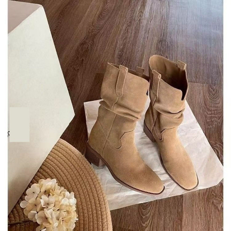 Bottes courtes plissées en cuir de vachette style western pour femme, collection automne