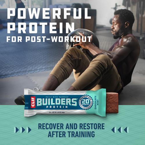 Barre protéinée Clif Builders - Saveur chocolat menthe - 20G de protéines végétales - Sans gluten - Sans OGM - Faible indice glycémique - Sans édulcorants artificiels - 68 g