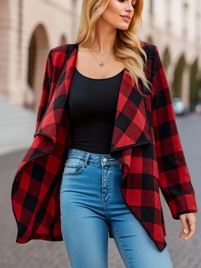 Veste élégante à carreaux ouverte sur le devant à manches longues, stylée et confortable, légère et respirante