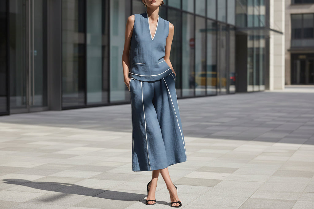 Ensemble chemise sans manches en lin et pantalon court pour femme – Tenue décontractée 2 pièces