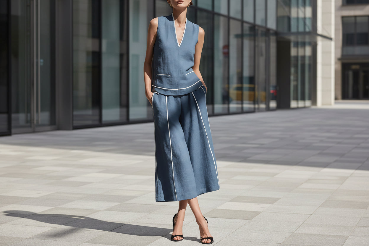 Ensemble chemise sans manches en lin et pantalon court pour femme – Tenue décontractée 2 pièces
