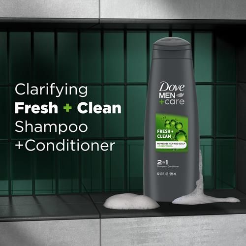 Dove Men+Care Shampoing et revitalisant fortifiants 2 en 1 Fraîcheur et propreté à la caféine pour cheveux normaux à gras Aide à renforcer et nourrir les cheveux 355 ml