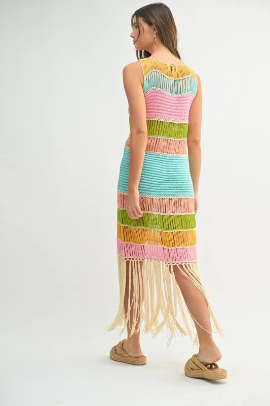Robe Femme Tricotée au Crochet Franges Multicolores – Robe Tricotée au Crochet, Robe à Franges, Robe Multicolore, Robe Tricotée Bohème, Robe de Festival