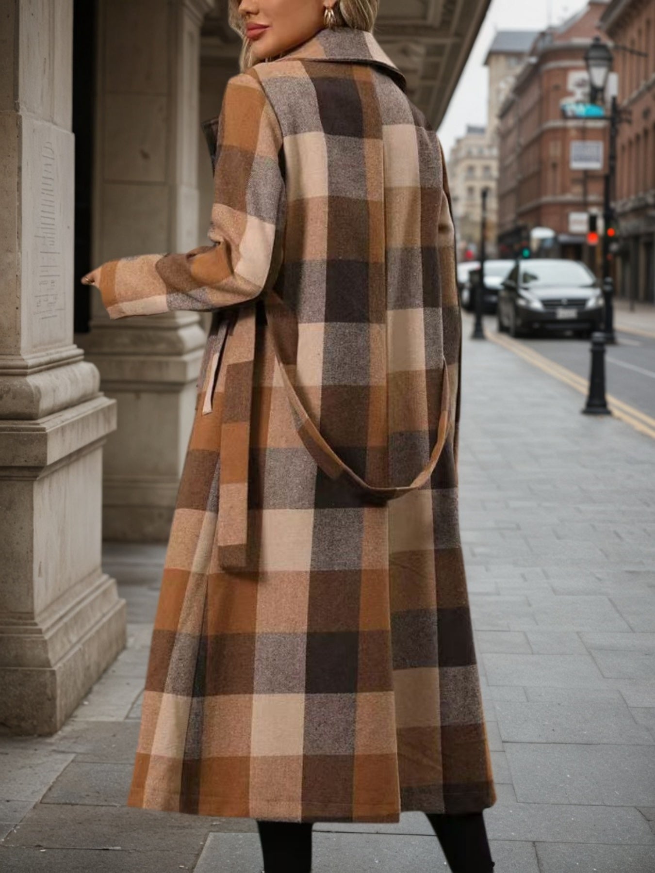 Manteau croisé en laine à revers pour femme - Longue veste coupe-vent à lacets
