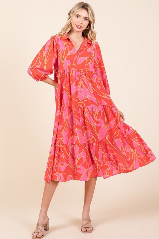 Nouvelle robe midi d'été à plusieurs niveaux, imprimée et col chemise pour femme – Une robe élégante et polyvalente au style raffiné et féminin