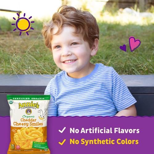Annies Organic Cheddar Cheesy Smiles, Puffs de Maïs au Four, Sans Gluten, 113 g