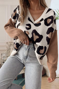 Pull en tricot à encolure en V, manches imprimé léopard color block patchwork Jet Stream