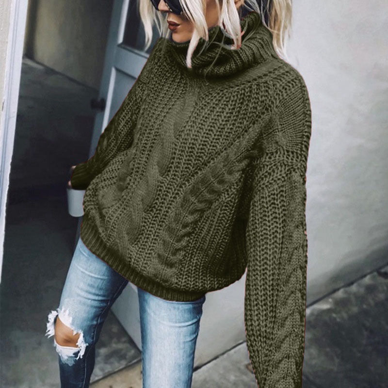 Pull Col Roulé Femme en Maille Torsadée