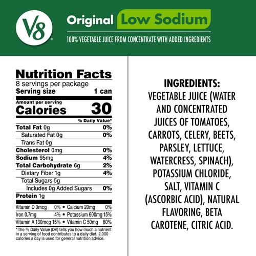 Jus de légumes V8 Original faible en sodium 100 %, canette de 163 ml (paquet de 8)