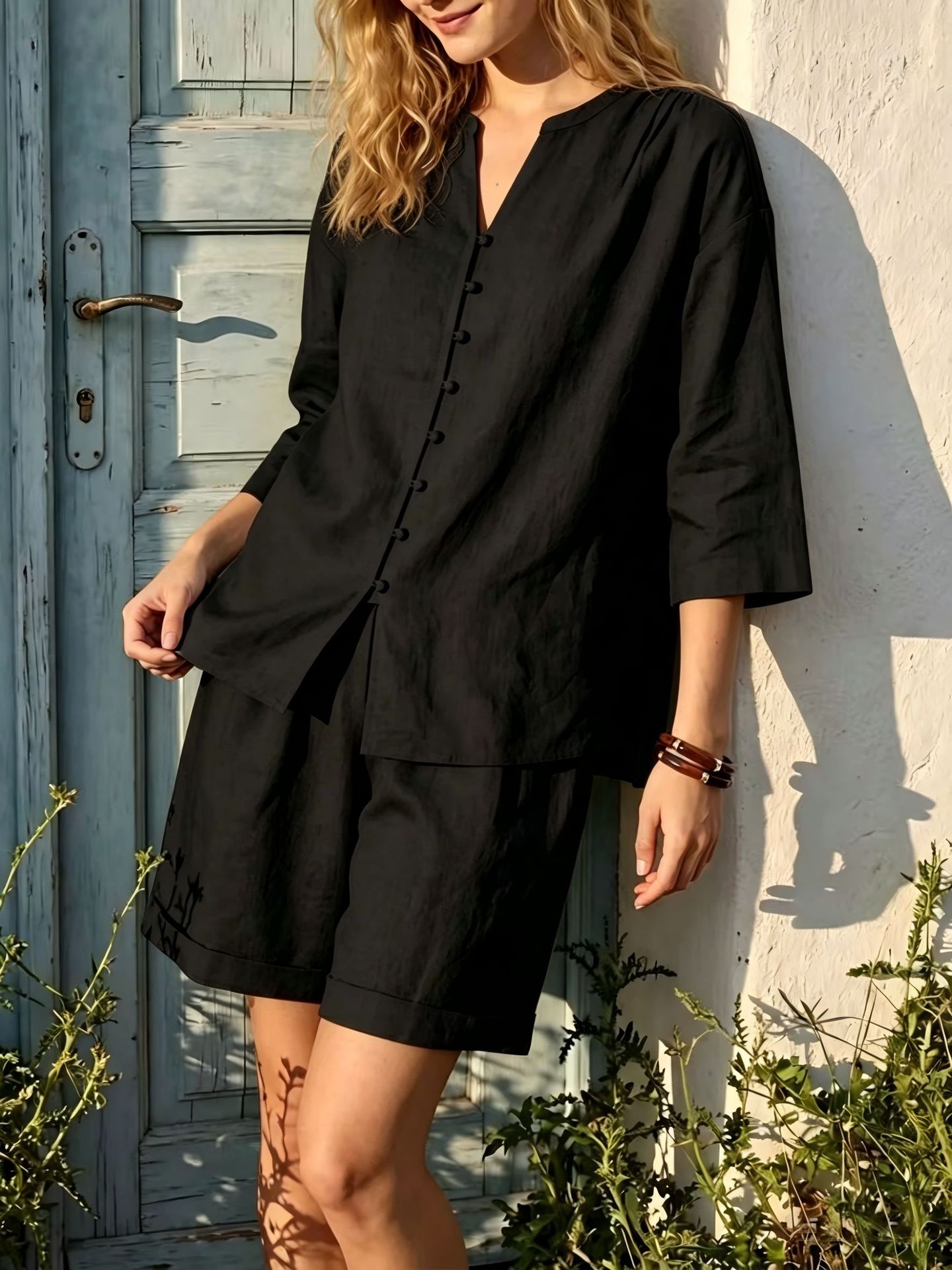 Ensemble deux pièces pour femme, débardeur col en V et short taille haute à jambes larges