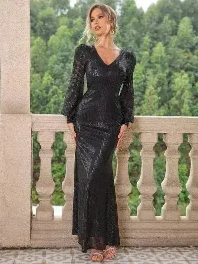 Robe longue à sequins, col en V et manches lanternes
