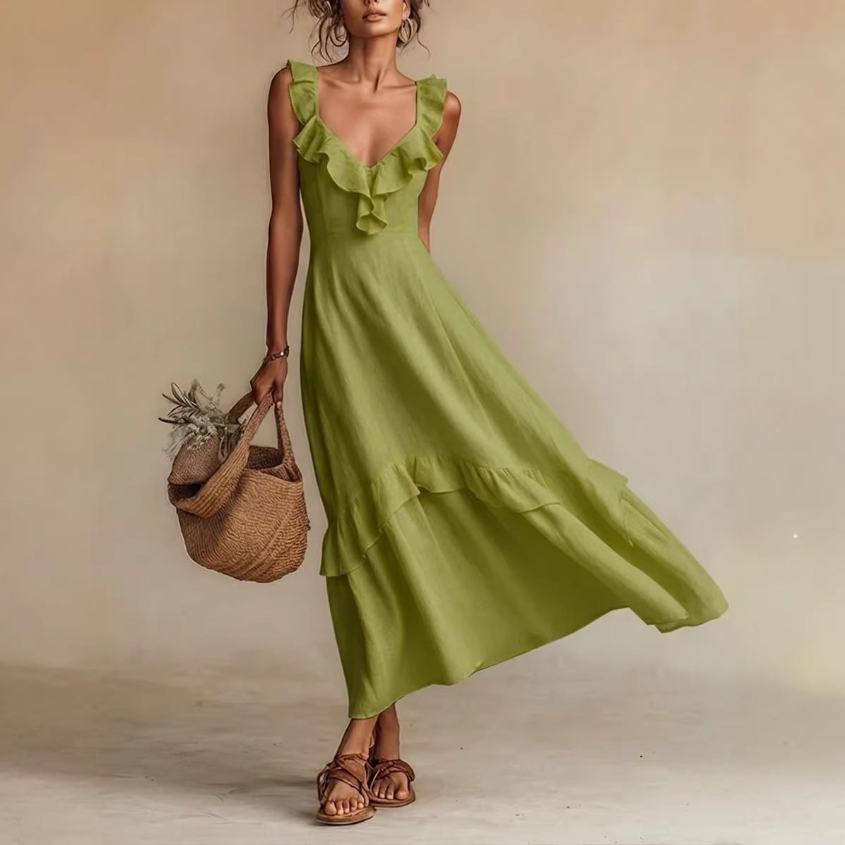 Robe longue sans manches à volants taille haute – 7 couleurs, S–3XL