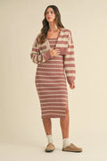 Ensemble cardigan court rayé et robe moulante – Ensemble deux pièces en tricot, robe cardigan courte rayée, ensemble robe pull douillet, tenue tricotée chic à superposer