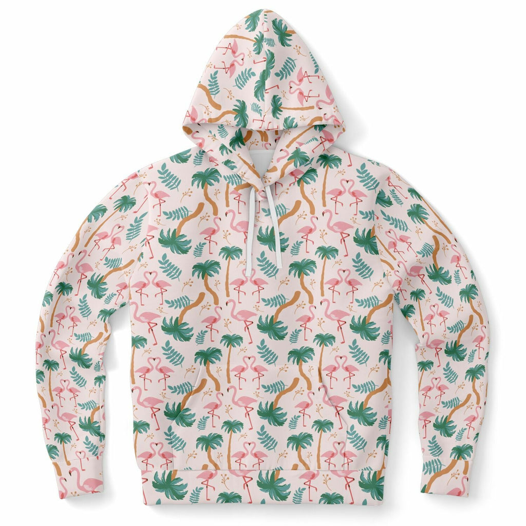 Sweat à capuche motif floral tropical flamant rose