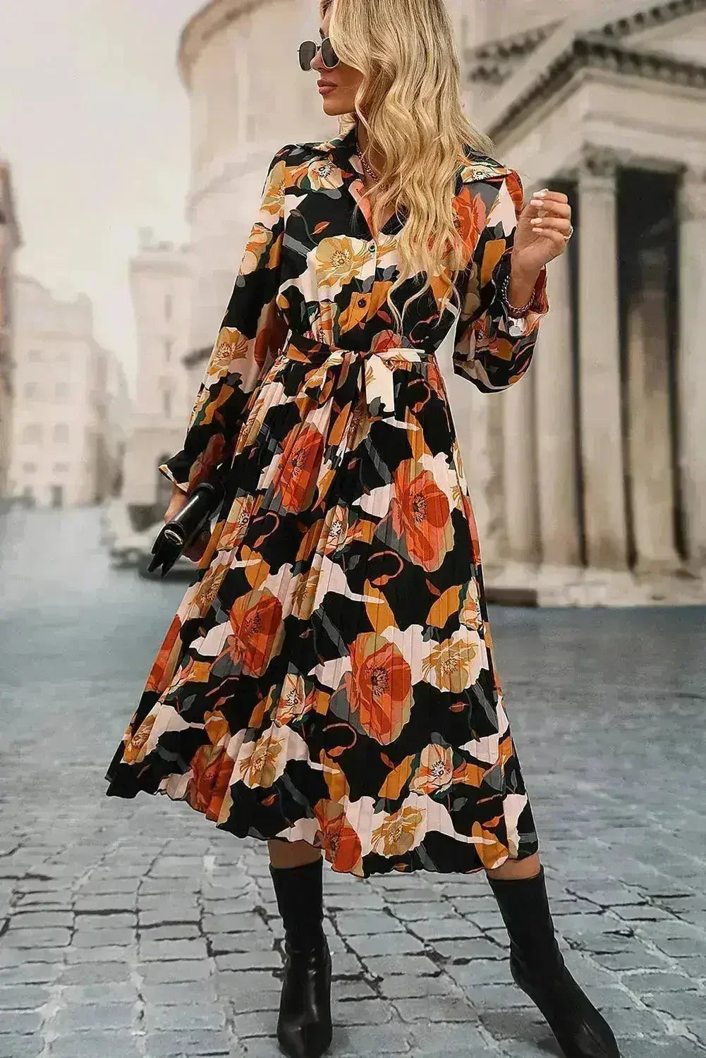 Robe chemise plissée florale - Robe midi à nouer à la taille | Femstylo