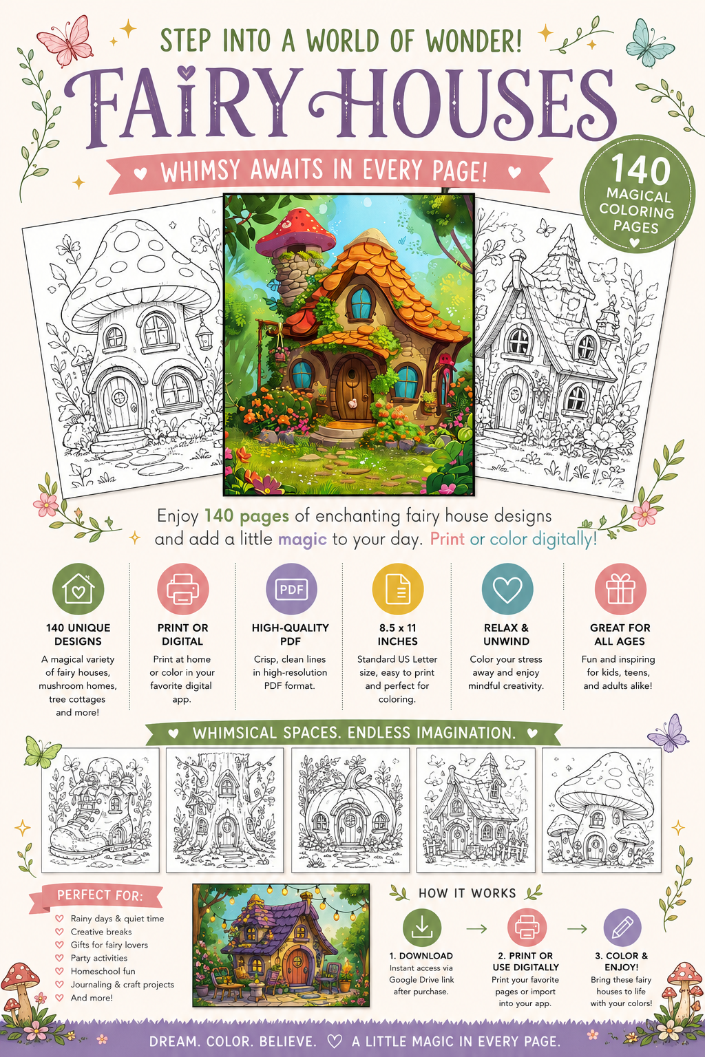 140 pages de coloriage de maisons féériques enchantées – PDF imprimable ou utilisation numérique