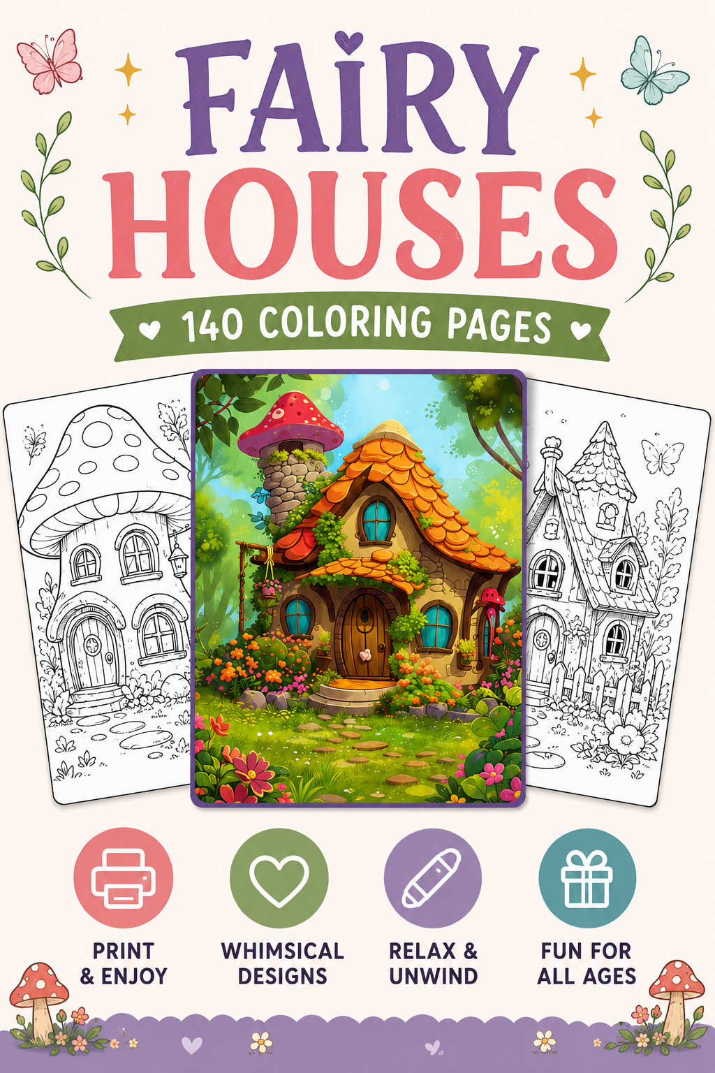 140 pages de coloriage de maisons féériques enchantées – PDF imprimable ou utilisation numérique