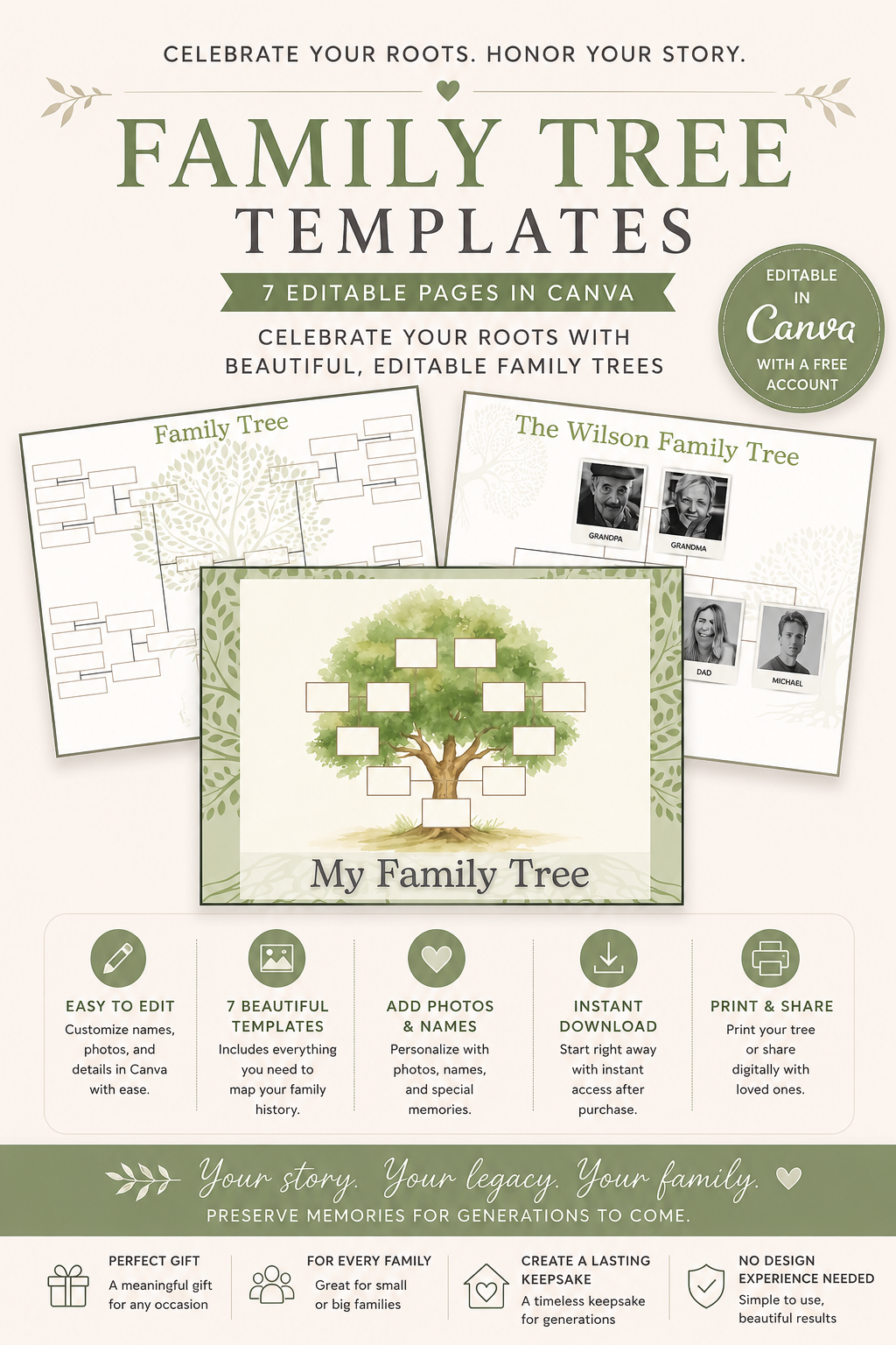 Editable Family Tree Template | 7 Printable Canva Pages