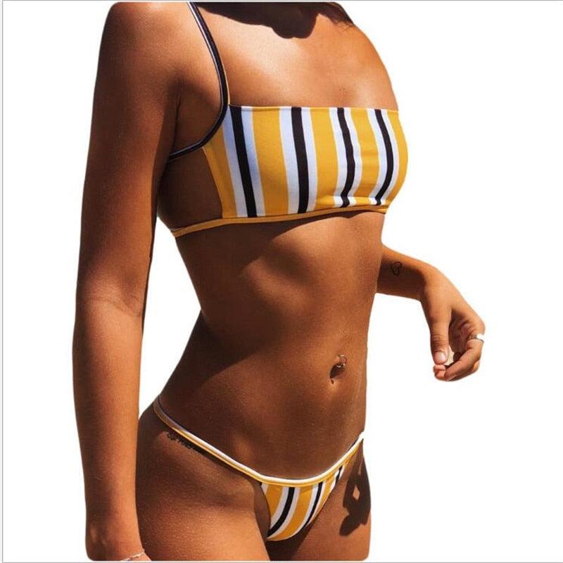 Ensemble bikini mode rayé, maillot de bain deux pièces, lacé, string, mini bikini, rembourré, triangle, maillots de bain respirants pour femmes pour l'été.