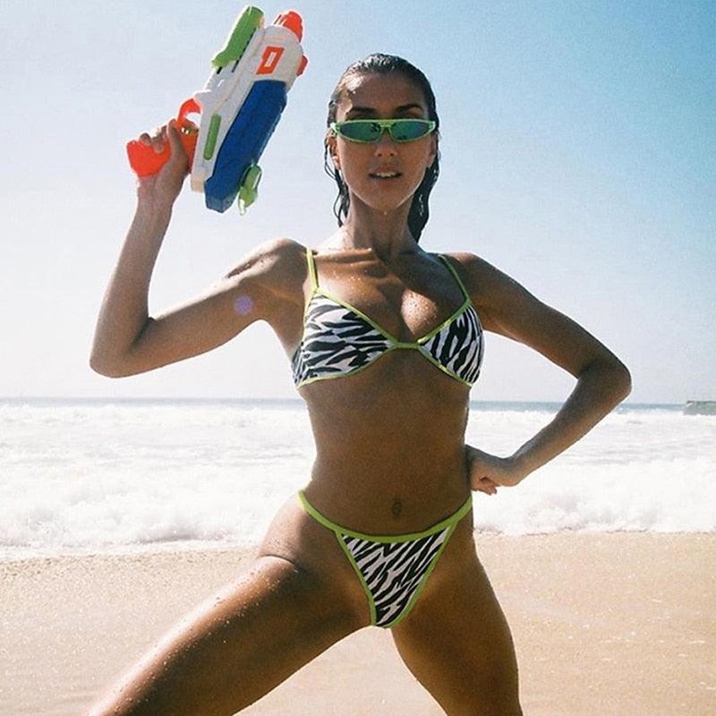 Ensemble bikini mode rayé, maillot de bain deux pièces, lacé, string, mini bikini, rembourré, triangle, maillots de bain respirants pour femmes pour l'été.