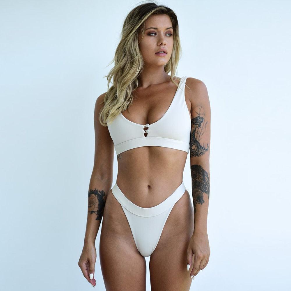 Maillot de bain deux pièces pour femme avec boutonnage, bikini pour femme, maillot de bain uni, maillot de bain coupe échancrée pour femme, découpe devant, laçage au dos, maillot de bain échancré pour l'été, vêtement de plage