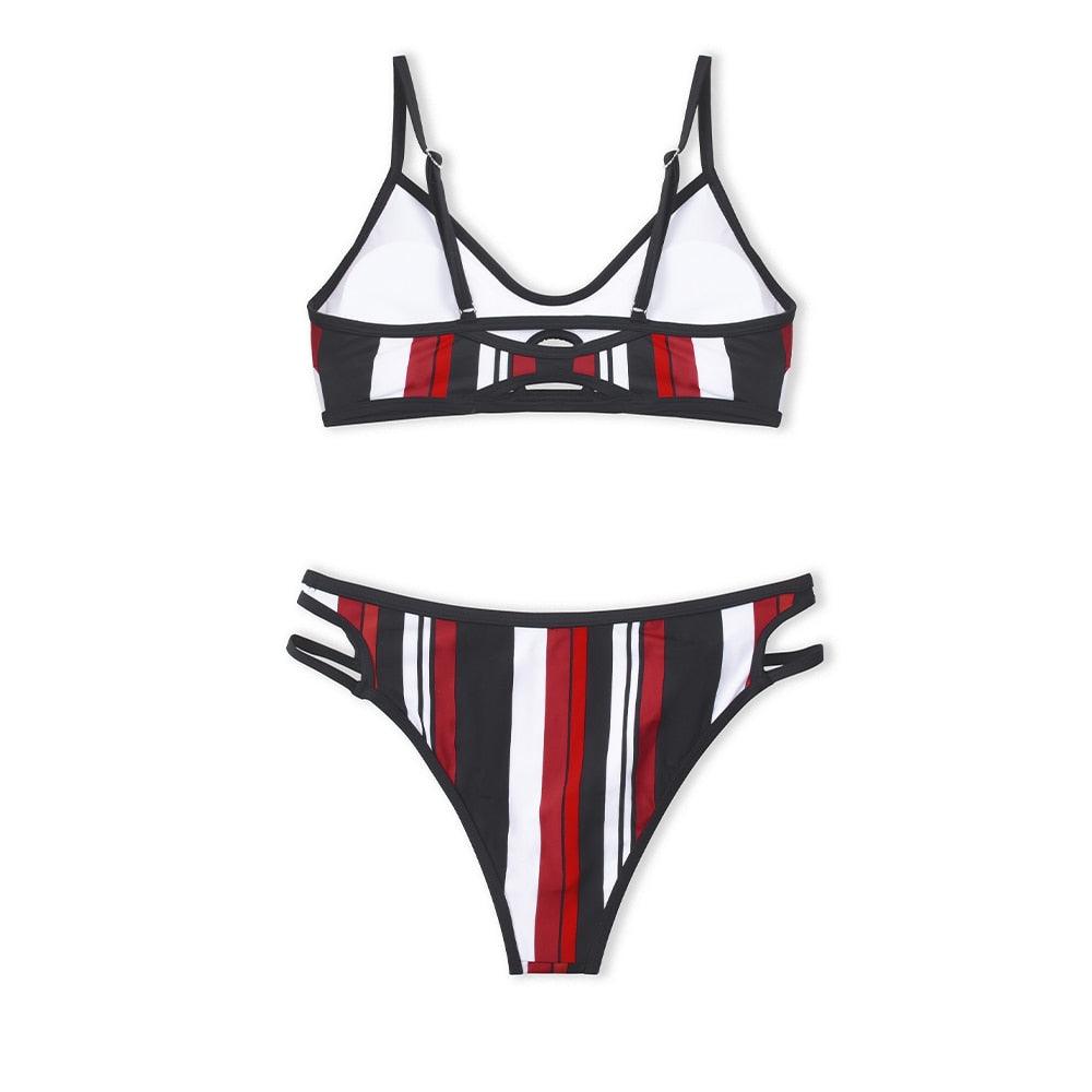 Ensemble bikini rayé bleu et blanc pour femme - Maillot de bain femme - Bikini à col licou - Taille haute - Maillot de bain deux pièces avec bandage - Deux pièces - Maillot de bain femme - Plage d'été - Réglable