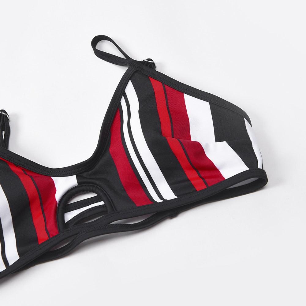 Ensemble bikini rayé bleu et blanc pour femme - Maillot de bain femme - Bikini à col licou - Taille haute - Maillot de bain deux pièces avec bandage - Deux pièces - Maillot de bain femme - Plage d'été - Réglable