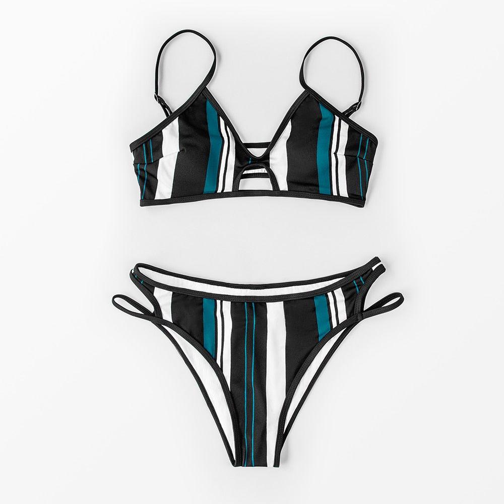 Ensemble bikini rayé bleu et blanc pour femme - Maillot de bain femme - Bikini à col licou - Taille haute - Maillot de bain deux pièces avec bandage - Deux pièces - Maillot de bain femme - Plage d'été - Réglable
