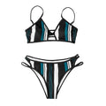 Ensemble bikini rayé bleu et blanc pour femme - Maillot de bain femme - Bikini à col licou - Taille haute - Maillot de bain deux pièces avec bandage - Deux pièces - Maillot de bain femme - Plage d'été - Réglable