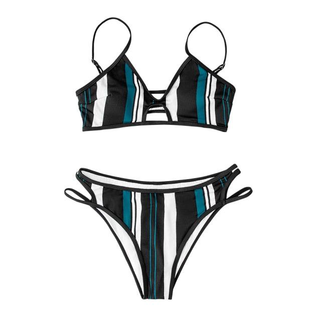 Ensemble bikini rayé bleu et blanc pour femme - Maillot de bain femme - Bikini à col licou - Taille haute - Maillot de bain deux pièces avec bandage - Deux pièces - Maillot de bain femme - Plage d'été - Réglable