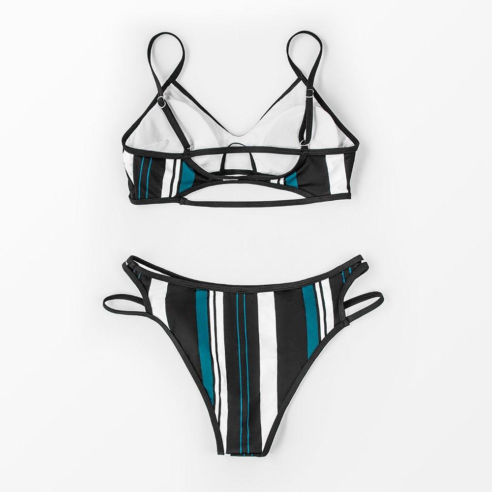 Ensemble bikini rayé bleu et blanc pour femme - Maillot de bain femme - Bikini à col licou - Taille haute - Maillot de bain deux pièces avec bandage - Deux pièces - Maillot de bain femme - Plage d'été - Réglable