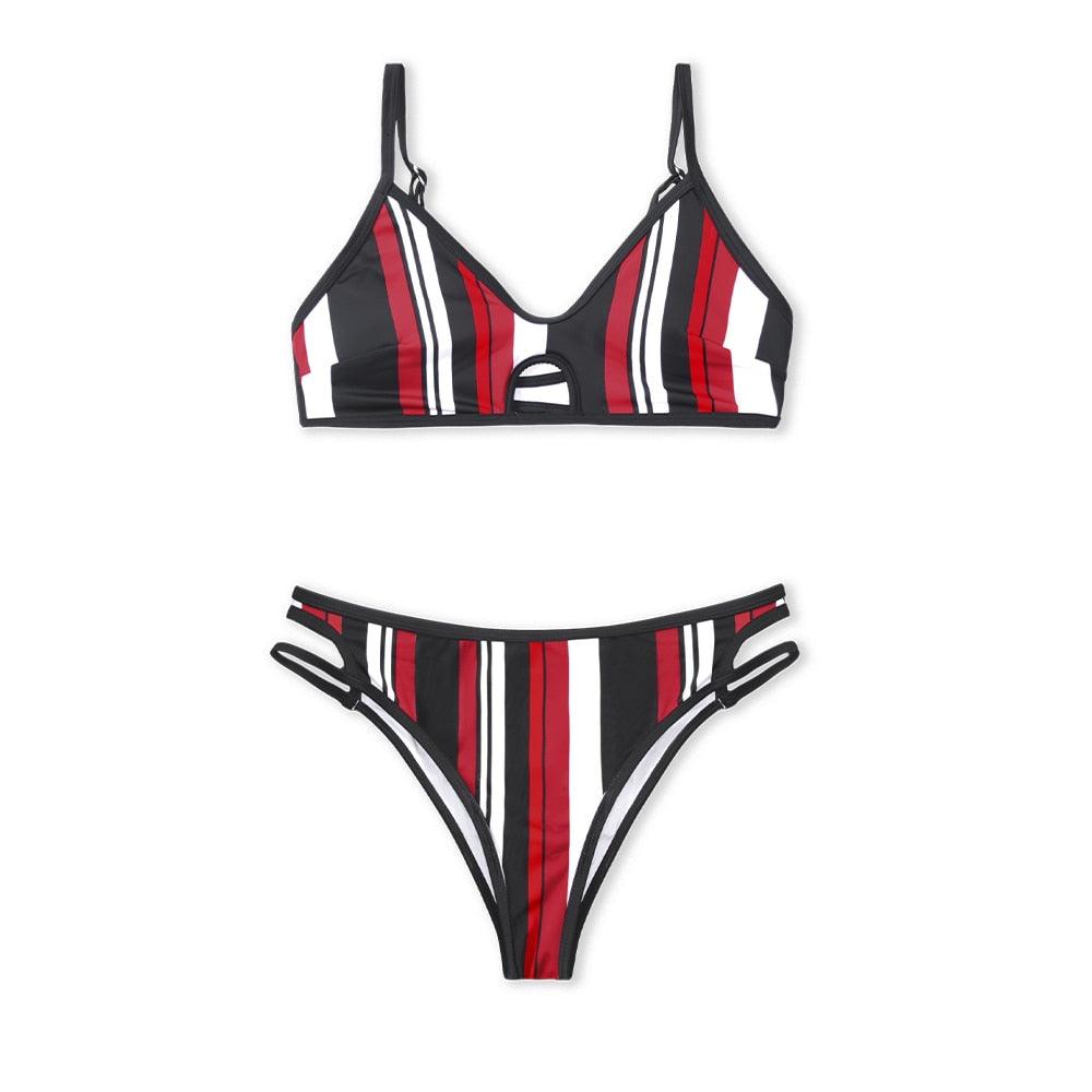 Ensemble bikini rayé bleu et blanc pour femme - Maillot de bain femme - Bikini à col licou - Taille haute - Maillot de bain deux pièces avec bandage - Deux pièces - Maillot de bain femme - Plage d'été - Réglable