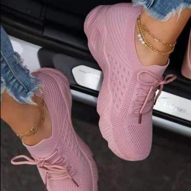 Baskets Compensées Respirantes en Dentelle pour Femmes Chaussures d'Été Plates en Maille Chaussures de Sport pour Femmes Chaussures de Course Baskets de Marche pour Femmes Chaussures de Tennis Légères à Lacets
