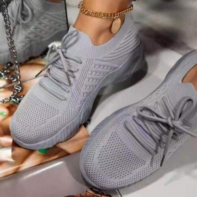Baskets Compensées Respirantes en Dentelle pour Femmes Chaussures d'Été Plates en Maille Chaussures de Sport pour Femmes Chaussures de Course Baskets de Marche pour Femmes Chaussures de Tennis Légères à Lacets