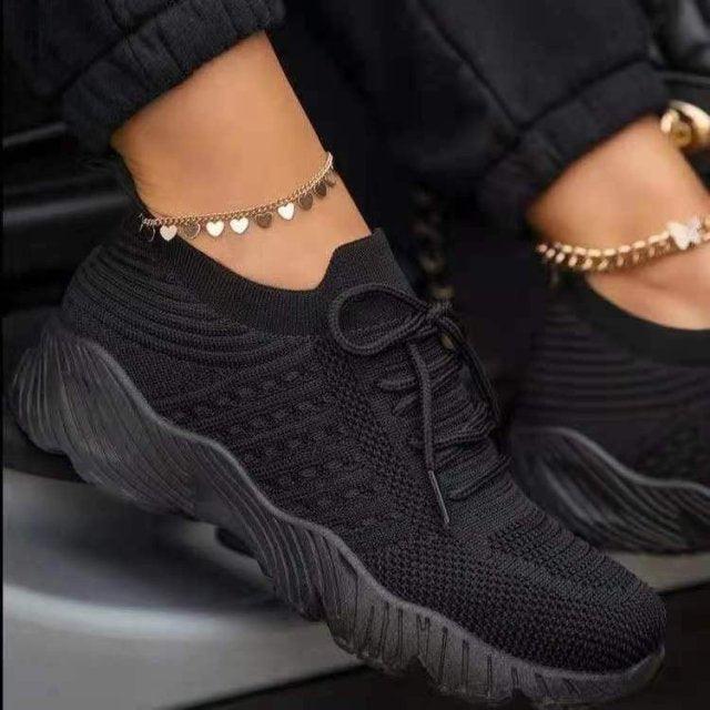Baskets Compensées Respirantes en Dentelle pour Femmes Chaussures d'Été Plates en Maille Chaussures de Sport pour Femmes Chaussures de Course Baskets de Marche pour Femmes Chaussures de Tennis Légères à Lacets