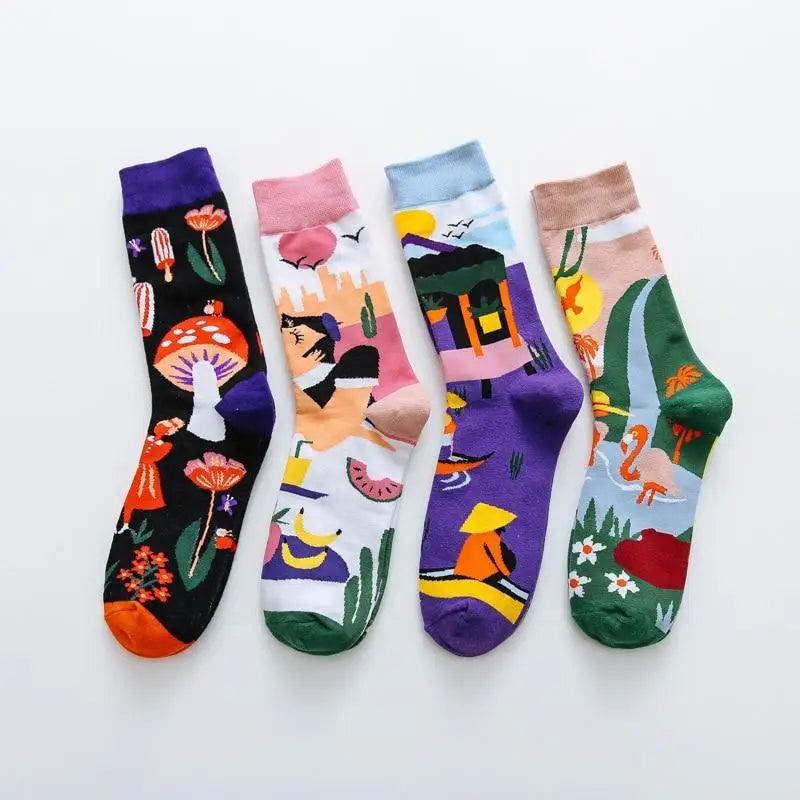 Chaussettes imprimées colorées mode Femme Chaussettes Champignon Printemps Femme Chaussettes Coton Pour Femme Chaussettes Coton Homme et Femme Imprimées Funky - Chaussettes Mi-Mollet Unisexe Respirantes Pur Coton Super Doux Motifs Originaux